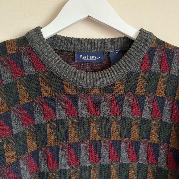 Vintage Van Heusen Men’s Gray Geometric Pullover 90s y2k Grandpa Sweater L - Picture 4 of 5